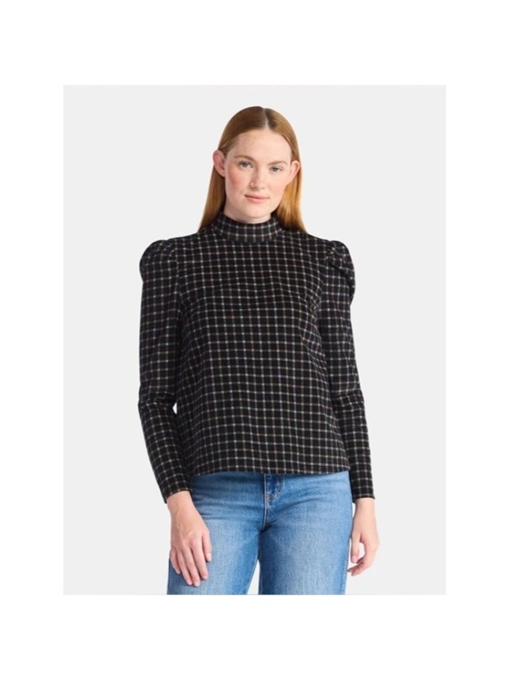 Terra & Sky High Neck Black Plaid Puff-Sleeve Top bow tie back size XXL nwt